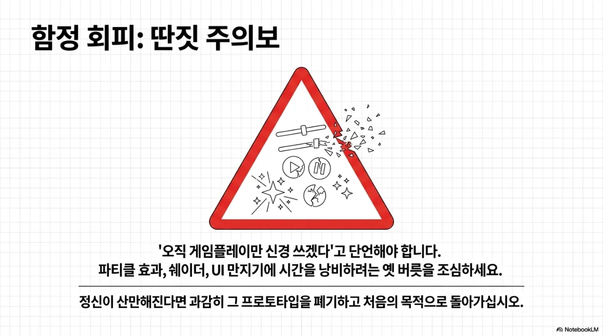 함정 회피: 딴짓 주의보 슬라이드. 슬라이더, 재생 버튼, 반짝이 효과가 그려진 경고 삼각형이 한쪽 모서리에서 깨지는 그림. 오직 게임플레이만 신경 쓰겠다고 단언해야 하며 파티클 효과, 셰이더, UI 만지기에 시간을 낭비하려는 옛 버릇을 조심하라는 경고. 정신이 산만해진다면 과감히 그 프로토타입을 폐기하고 처음의 목적으로 돌아가라는 조언