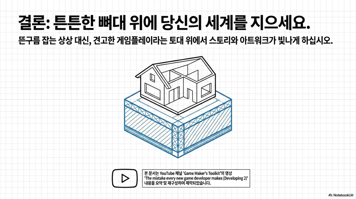 결론: 튼튼한 뼈대 위에 당신의 세계를 지으세요 슬라이드. 뜬구름 잡는 상상 대신 견고한 게임플레이라는 토대 위에서 스토리와 아트워크가 빛나게 하라는 문장. 파란 격자 토대 위에 집 골조가 올라간 아이소메트릭 그림. 하단에 이 문서는 YouTube 채널 Game Maker's Toolkit의 영상 The mistake every new game developer makes(Developing 2) 내용을 요약·재구성해 제작했다는 출처 표기