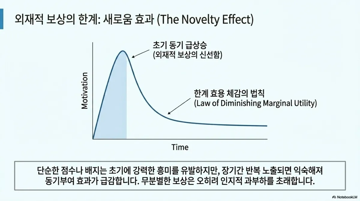 외재적 보상의 한계: 새로움 효과(The Novelty Effect) 그래프. 시간에 따른 동기 곡선이 초기에 급상승(외재적 보상의 신선함)했다가 한계 효용 체감의 법칙(Law of Diminishing Marginal Utility)에 따라 급격히 떨어진 뒤 낮게 유지됨. 단순한 점수나 배지는 초기에 강한 흥미를 유발하지만 장기간 반복 노출되면 익숙해져 동기부여 효과가 급감하고, 무분별한 보상은 오히려 인지적 과부하를 초래한다는 설명