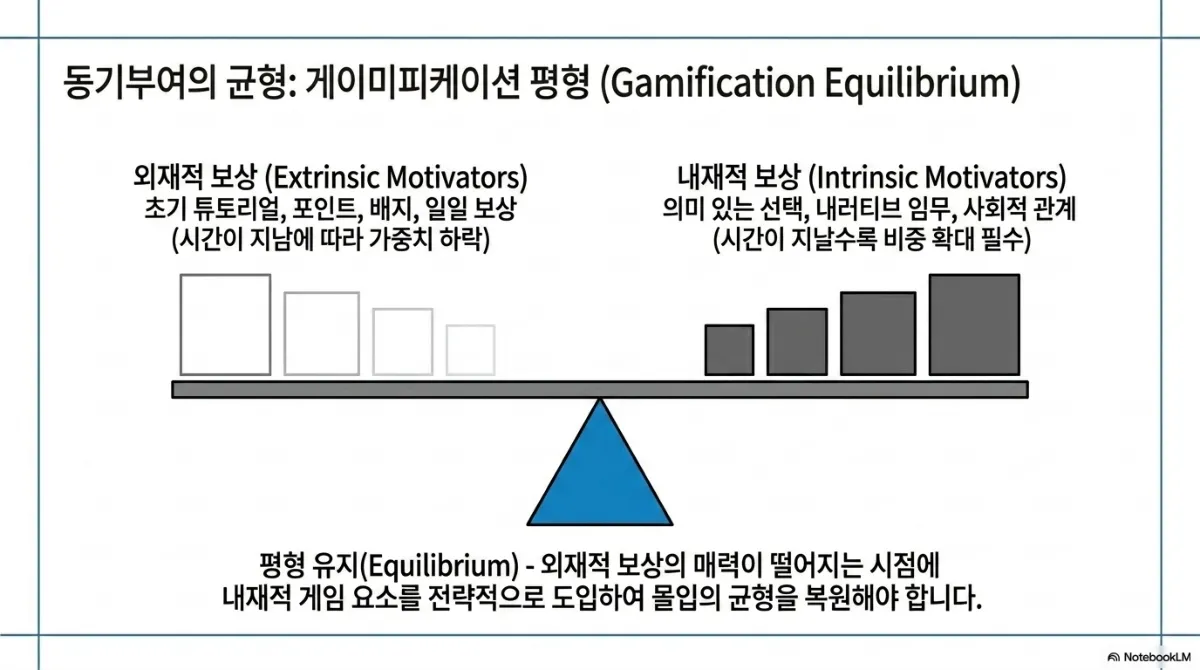 동기부여의 균형: 게이미피케이션 평형(Gamification Equilibrium) 슬라이드. 시소 왼쪽의 외재적 보상(Extrinsic Motivators)은 초기 튜토리얼, 포인트, 배지, 일일 보상으로 시간이 지남에 따라 가중치가 줄어드는 상자들, 오른쪽의 내재적 보상(Intrinsic Motivators)은 의미 있는 선택, 내러티브 임무, 사회적 관계로 시간이 지날수록 비중이 커져야 하는 상자들. 평형 유지(Equilibrium) — 외재적 보상의 매력이 떨어지는 시점에 내재적 게임 요소를 전략적으로 도입해 몰입의 균형을 복원해야 한다는 설명