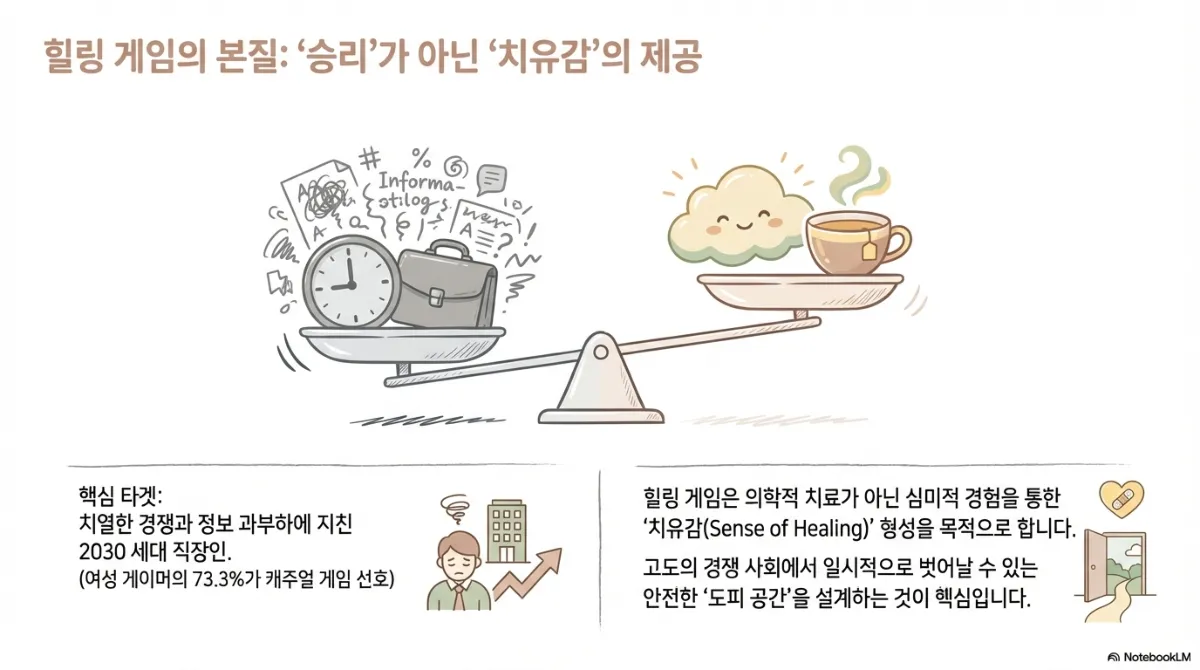 힐링 게임의 본질 슬라이드. 저울의 한쪽에는 시계·서류가방·정보 과부하를 상징하는 낙서가, 다른 쪽에는 웃는 구름과 따뜻한 차 한 잔이 놓여 있다. 핵심 타겟은 치열한 경쟁과 정보 과부하에 지친 2030 세대 직장인이며, 여성 게이머의 73.3%가 캐주얼 게임을 선호한다는 수치. 힐링 게임은 의학적 치료가 아닌 심미적 경험을 통한 치유감 형성을 목적으로 하며, 고도의 경쟁 사회에서 일시적으로 벗어날 수 있는 안전한 도피 공간을 설계하는 것이 핵심이라는 설명
