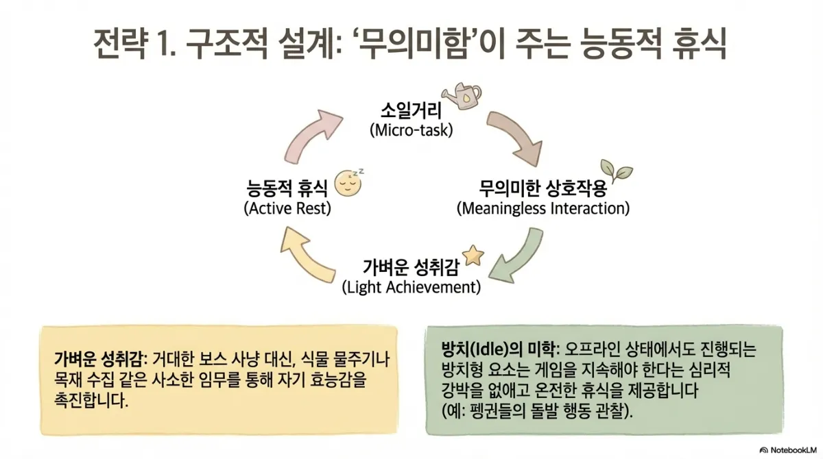 전략 1 구조적 설계 순환도. 소일거리(Micro-task) → 무의미한 상호작용(Meaningless Interaction) → 가벼운 성취감(Light Achievement) → 능동적 휴식(Active Rest) → 다시 소일거리로 순환. 가벼운 성취감은 거대한 보스 사냥 대신 식물 물주기나 목재 수집 같은 사소한 임무를 통해 자기 효능감을 촉진한다는 설명. 방치(Idle)의 미학은 오프라인 상태에서도 진행되는 방치형 요소가 게임을 지속해야 한다는 심리적 강박을 없애고 온전한 휴식을 제공한다는 설명