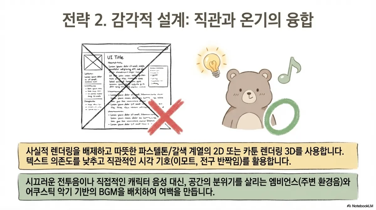 전략 2 감각적 설계 슬라이드. 왼쪽에 텍스트가 빽빽한 UI 와이어프레임에 빨간 X, 오른쪽에 둥근 곰 캐릭터와 전구·음표 아이콘. 사실적 렌더링을 배제하고 따뜻한 파스텔톤·갈색 계열의 2D 또는 카툰 렌더링 3D를 사용하며, 텍스트 의존도를 낮추고 직관적인 시각 기호(이모트, 전구 반짝임)를 활용한다는 설명. 시끄러운 전투음이나 직접적인 캐릭터 음성 대신 공간의 분위기를 살리는 엠비언스와 어쿠스틱 악기 기반의 BGM을 배치하여 여백을 만든다는 설명