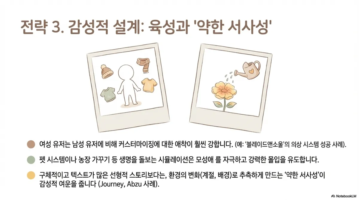전략 3 감성적 설계 슬라이드. 캐릭터에게 옷을 입히는 그림과 꽃에 물을 주는 그림. 여성 유저는 커스터마이징에 대한 애착이 훨씬 강하다는 설명, 펫 시스템이나 농장 가꾸기 등 생명을 돌보는 시뮬레이션이 강력한 몰입을 유도한다는 설명, 구체적이고 텍스트가 많은 선형적 스토리보다 환경의 변화(계절, 배경)로 추측하게 만드는 약한 서사성이 감성적 여운을 준다는 설명