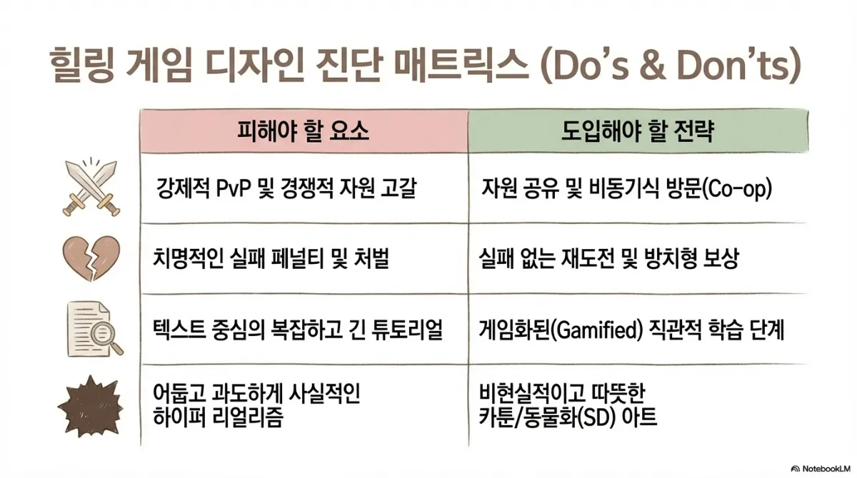 힐링 게임 디자인 진단 매트릭스. 피해야 할 요소와 도입해야 할 전략을 짝지은 표 — 강제적 PvP 및 경쟁적 자원 고갈 대신 자원 공유 및 비동기식 방문(Co-op), 치명적인 실패 페널티 및 처벌 대신 실패 없는 재도전 및 방치형 보상, 텍스트 중심의 복잡하고 긴 튜토리얼 대신 게임화된 직관적 학습 단계, 어둡고 과도하게 사실적인 하이퍼 리얼리즘 대신 비현실적이고 따뜻한 카툰·동물화 아트