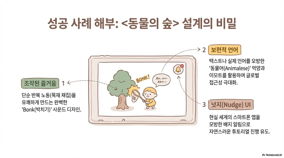성공 사례 해부 슬라이드. 1 조작된 즐거움 — 단순 반복 노동(목재 채집)을 유쾌하게 만드는 완벽한 타격 사운드 디자인. 2 보편적 언어 — 텍스트나 실제 언어를 모방한 의성어 억양과 이모트를 활용하여 글로벌 접근성 극대화. 3 넛지 UI — 현실 세계의 스마트폰 앱을 모방한 배지 알림으로 자연스러운 튜토리얼 진행 유도
