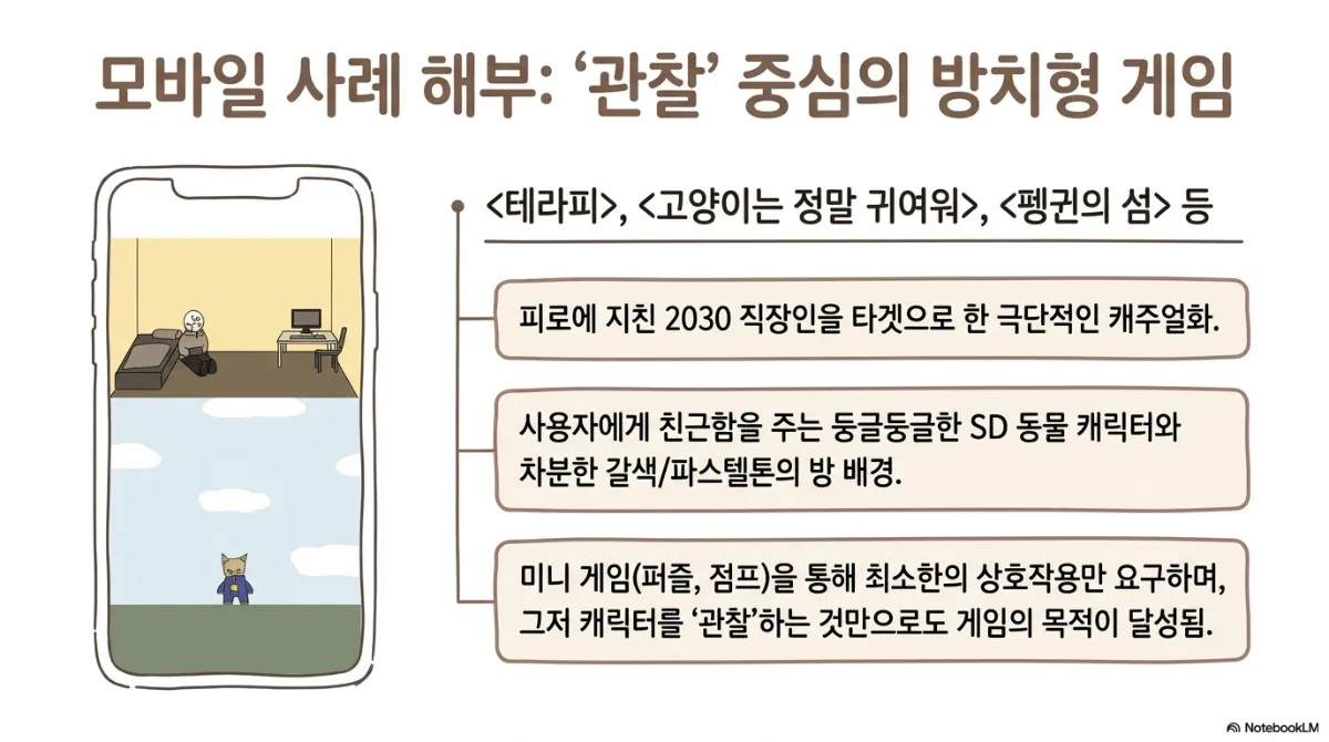 모바일 사례 해부 슬라이드. 관찰 중심의 방치형 게임 사례들. 피로에 지친 2030 직장인을 타겟으로 한 극단적인 캐주얼화, 사용자에게 친근함을 주는 둥글둥글한 SD 동물 캐릭터와 차분한 갈색·파스텔톤의 방 배경, 미니 게임을 통해 최소한의 상호작용만 요구하며 그저 캐릭터를 관찰하는 것만으로도 게임의 목적이 달성된다는 설명