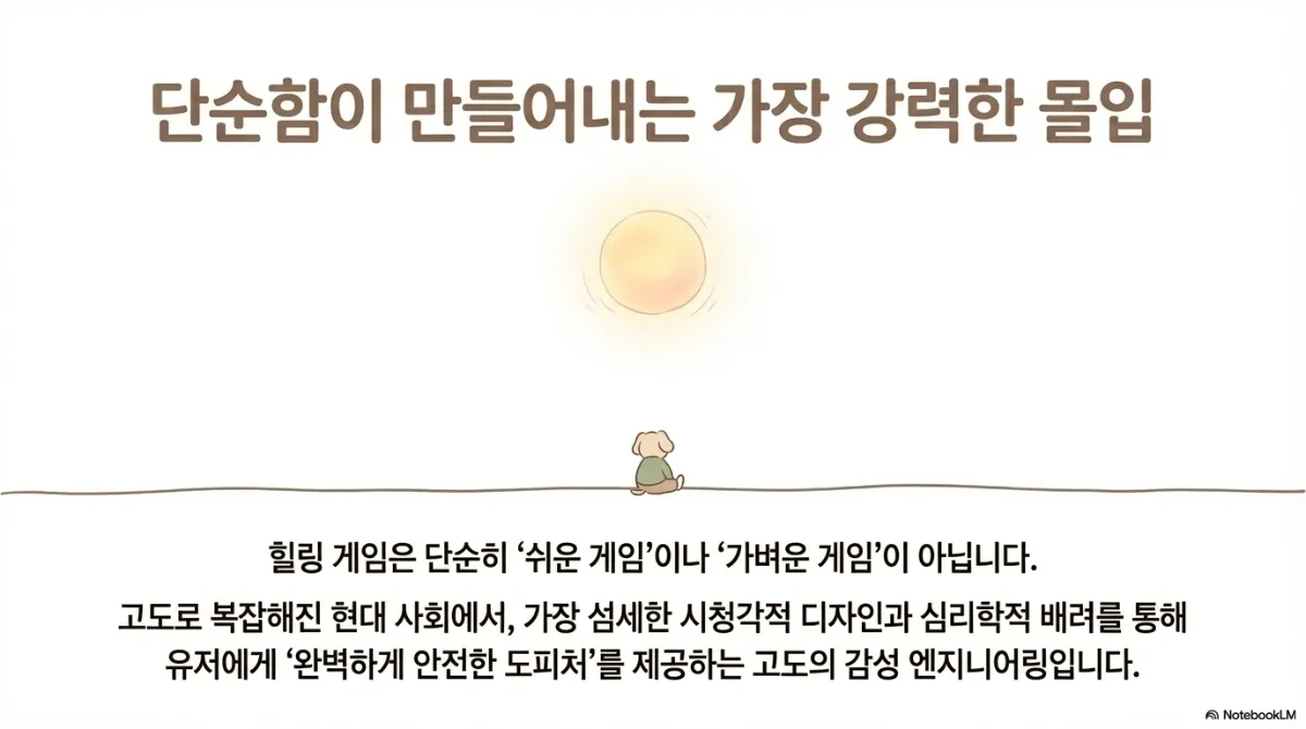 마무리 슬라이드. 노을 앞에 앉은 강아지 그림과 함께, 단순함이 만들어내는 가장 강력한 몰입이라는 제목. 힐링 게임은 단순히 쉬운 게임이나 가벼운 게임이 아니며, 고도로 복잡해진 현대 사회에서 가장 섬세한 시청각적 디자인과 심리학적 배려를 통해 유저에게 안전한 도피처를 제공하는 감성 엔지니어링이라는 설명