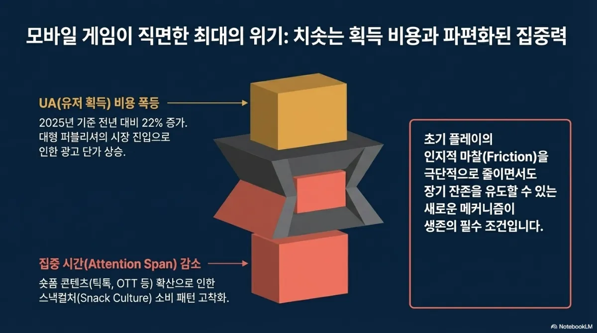 모바일 게임이 직면한 최대의 위기 슬라이드. UA(유저 획득) 비용 폭등 — 2025년 기준 전년 대비 22% 증가, 대형 퍼블리셔의 시장 진입으로 인한 광고 단가 상승. 집중 시간(Attention Span) 감소 — 숏폼 콘텐츠(틱톡, OTT 등) 확산으로 인한 스낵컬처 소비 패턴 고착화. 오른쪽 결론은 초기 플레이의 인지적 마찰(Friction)을 극단적으로 줄이면서도 장기 잔존을 유도할 수 있는 새로운 메커니즘이 생존의 필수 조건이라는 것