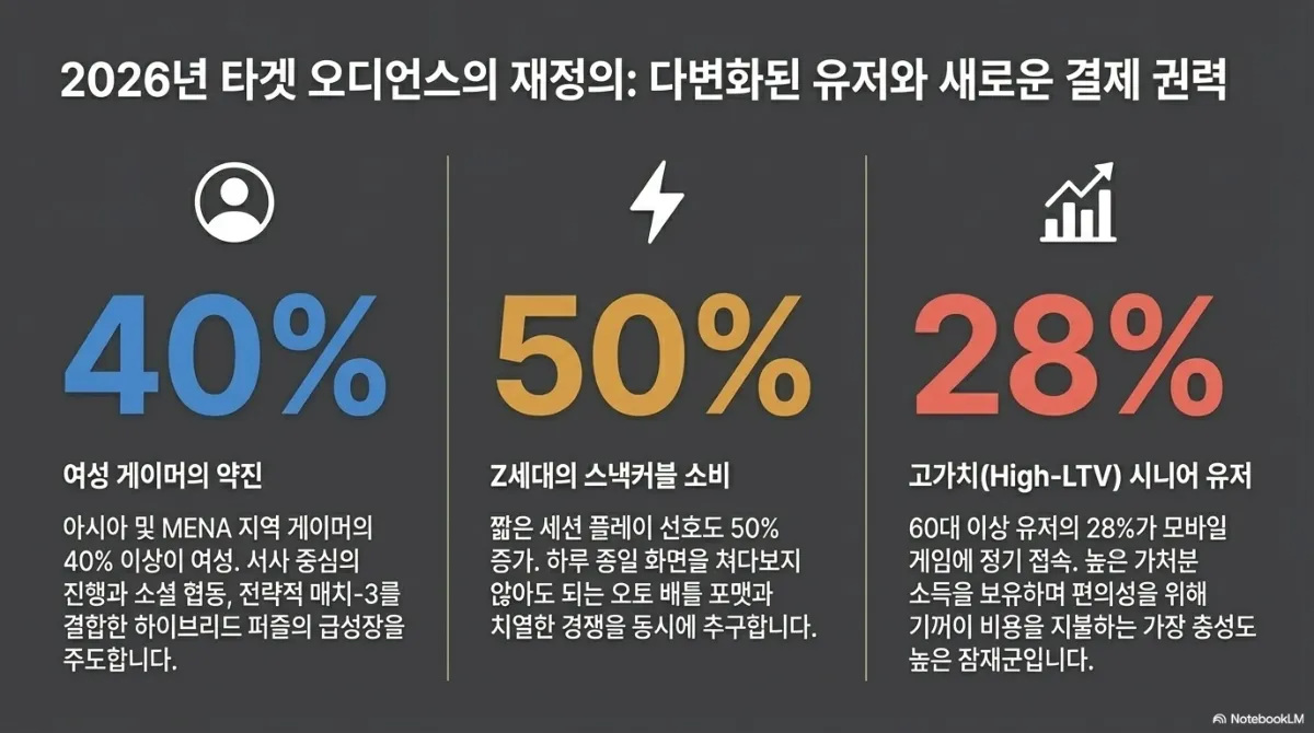 2026년 타겟 오디언스의 재정의 슬라이드. 40% — 여성 게이머의 약진, 아시아 및 MENA 지역 게이머의 40% 이상이 여성이며 서사 중심의 진행과 소셜 협동, 전략적 매치-3를 결합한 하이브리드 퍼즐의 급성장을 주도한다. 50% — Z세대의 스낵커블 소비, 짧은 세션 플레이 선호도 50% 증가로 하루 종일 화면을 쳐다보지 않아도 되는 오토 배틀 포맷과 치열한 경쟁을 동시에 추구한다. 28% — 고가치(High-LTV) 시니어 유저, 60대 이상 유저의 28%가 모바일 게임에 정기 접속하며 높은 가처분 소득을 보유하고 편의성을 위해 기꺼이 비용을 지불하는 가장 충성도 높은 잠재군이다