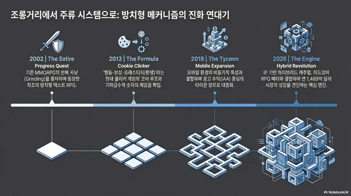 방치형 메커니즘의 진화 연대기. 2002년 The Satire — Progress Quest, 기존 MMORPG의 반복 사냥(Grinding)을 풍자하며 등장한 최초의 방치형 텍스트 RPG. 2013년 The Formula — Cookie Clicker, 행동-보상-프레스티지(환생)라는 현대 클리커 게임의 코어 루프와 기하급수적 숫자의 쾌감을 확립. 2018년 The Tycoon — Mobile Expansion, 모바일 환경의 비동기적 특성과 결합하며 광고 수익(IAA) 중심의 타이쿤 장르로 대중화. 2026년 The Engine — Hybrid Revolution, IP 기반 하이브리드 캐주얼이 미드코어 RPG 메타와 결합하여 시장 성장을 견인하는 핵심 엔진이 됨