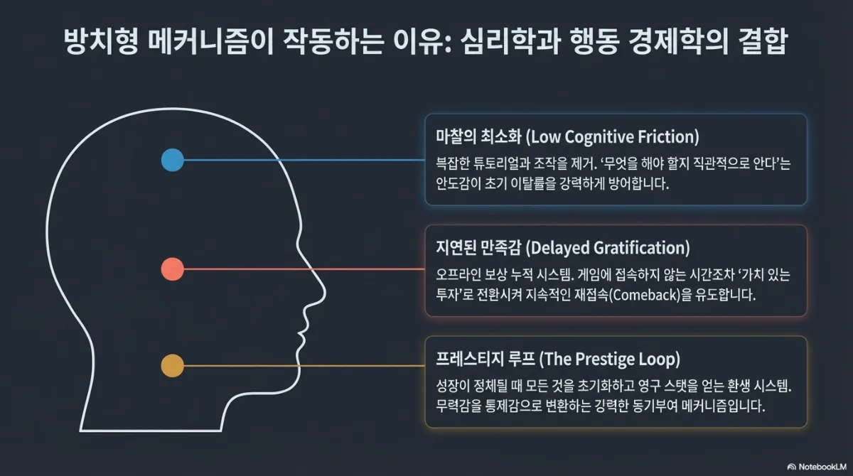 방치형 메커니즘이 작동하는 이유 슬라이드. 마찰의 최소화(Low Cognitive Friction) — 복잡한 튜토리얼과 조작을 제거해 무엇을 해야 할지 직관적으로 안다는 안도감이 초기 이탈률을 강력하게 방어한다. 지연된 만족감(Delayed Gratification) — 오프라인 보상 누적 시스템이 게임에 접속하지 않는 시간조차 가치 있는 투자로 전환시켜 지속적인 재접속을 유도한다. 프레스티지 루프(The Prestige Loop) — 성장이 정체될 때 모든 것을 초기화하고 영구 스탯을 얻는 환생 시스템으로, 무력감을 통제감으로 변환하는 동기부여 메커니즘이다