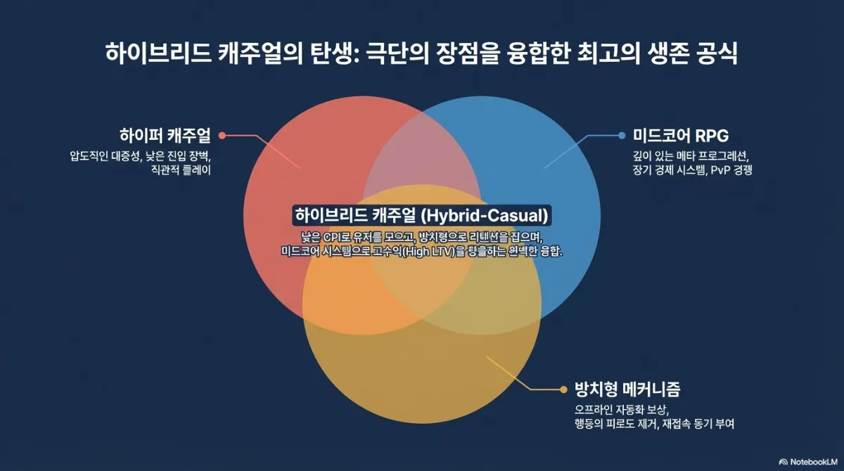 하이브리드 캐주얼의 탄생 벤 다이어그램. 하이퍼 캐주얼(압도적인 대중성, 낮은 진입 장벽, 직관적 플레이), 미드코어 RPG(깊이 있는 메타 프로그레션, 장기 경제 시스템, PvP 경쟁), 방치형 메커니즘(오프라인 자동화 보상, 핸들링의 피로도 제거, 재접속 동기 부여)이 겹치는 가운데가 하이브리드 캐주얼이며, 낮은 CPI로 유저를 모으고 방치형으로 리텐션을 잡으며 미드코어 시스템으로 고수익(High LTV)을 창출하는 융합이라는 설명