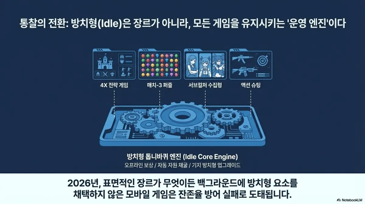 방치형은 장르가 아니라 운영 엔진이라는 슬라이드. 4X 전략 게임, 매치-3 퍼즐, 서브컬처 수집형, 액션 슈팅 등 서로 다른 장르가 모두 아래의 방치형 톱니바퀴 엔진(Idle Core Engine — 오프라인 보상, 자동 자원 채굴, 기지 방치형 업그레이드) 위에 올라가 있는 도식. 아래 문구는 2026년 표면적인 장르가 무엇이든 백그라운드에 방치형 요소를 채택하지 않은 모바일 게임은 잔존율 방어 실패로 도태된다는 것
