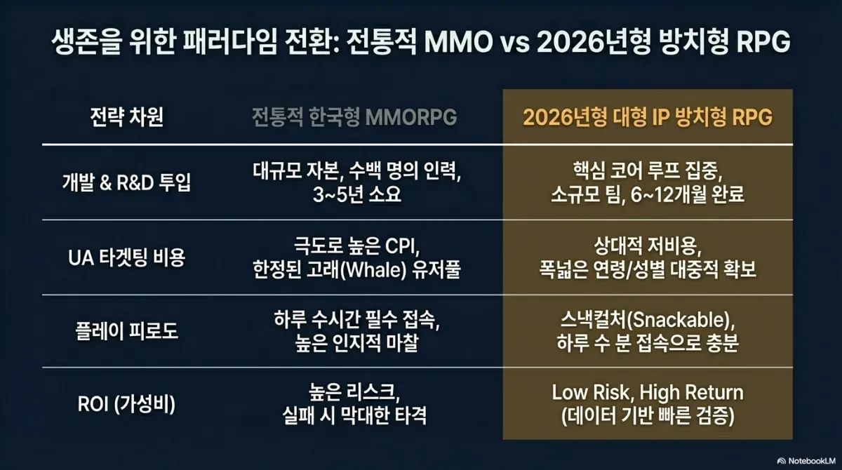 전통적 MMO와 2026년형 방치형 RPG 비교표. 개발 및 R&D 투입은 전통적 한국형 MMORPG가 대규모 자본·수백 명의 인력·35년 소요인 반면 방치형 RPG는 핵심 코어 루프 집중·소규모 팀·612개월 완료. UA 타겟팅 비용은 극도로 높은 CPI와 한정된 고래 유저풀 대 상대적 저비용과 폭넓은 연령·성별 대중적 확보. 플레이 피로도는 하루 수시간 필수 접속과 높은 인지적 마찰 대 스낵컬처로 하루 수 분 접속으로 충분. ROI는 높은 리스크와 실패 시 막대한 타격 대 Low Risk High Return(데이터 기반 빠른 검증)
