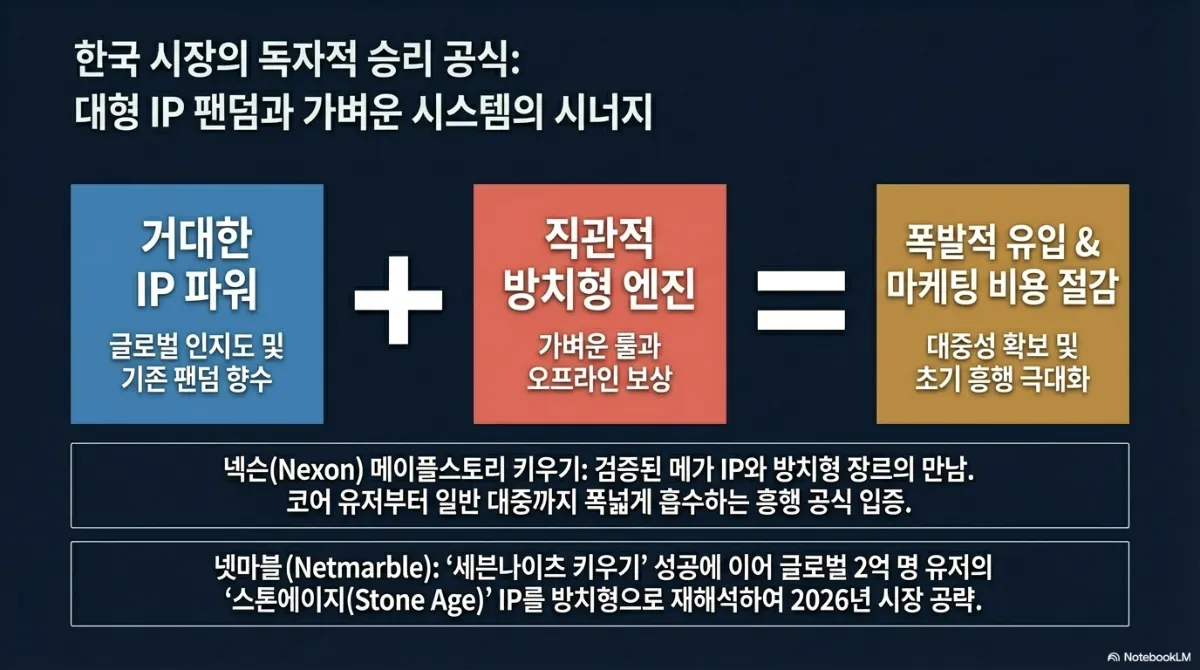 한국 시장의 승리 공식 슬라이드. 거대한 IP 파워(글로벌 인지도 및 기존 팬덤 향수) + 직관적 방치형 엔진(가벼운 룰과 오프라인 보상) = 폭발적 유입 및 마케팅 비용 절감(대중성 확보 및 초기 흥행 극대화). 아래 사례로 넥슨 메이플스토리 키우기가 검증된 메가 IP와 방치형 장르의 만남으로 코어 유저부터 일반 대중까지 폭넓게 흡수하는 흥행 공식을 입증했다는 것과, 넷마블이 세븐나이츠 키우기 성공에 이어 글로벌 2억 명 유저의 스톤에이지 IP를 방치형으로 재해석해 2026년 시장을 공략한다는 것