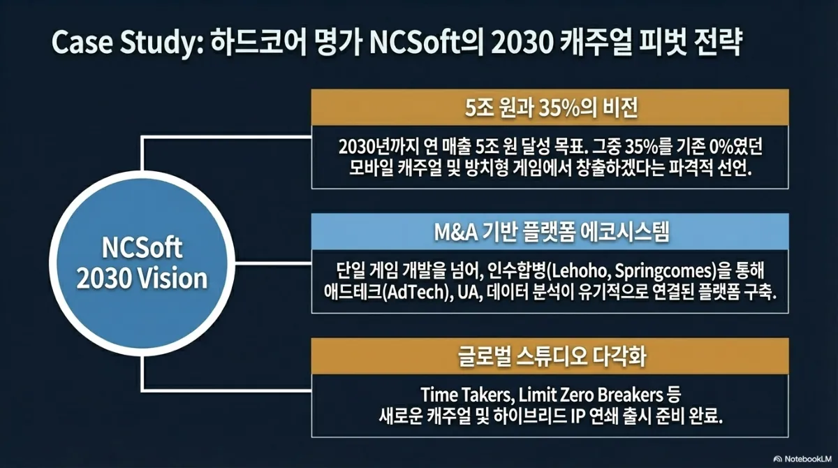 NCSoft의 2030 캐주얼 피벗 전략 사례. 5조 원과 35%의 비전 — 2030년까지 연 매출 5조 원 달성 목표, 그중 35%를 기존 0%였던 모바일 캐주얼 및 방치형 게임에서 창출하겠다는 선언. M&A 기반 플랫폼 에코시스템 — 단일 게임 개발을 넘어 인수합병을 통해 애드테크·UA·데이터 분석이 유기적으로 연결된 플랫폼 구축. 글로벌 스튜디오 다각화 — 새로운 캐주얼 및 하이브리드 IP 연쇄 출시 준비