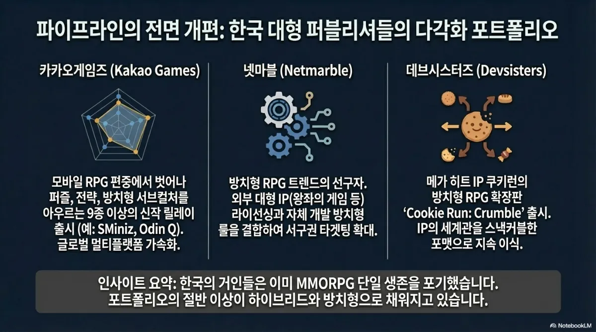 한국 대형 퍼블리셔들의 다각화 포트폴리오. 카카오게임즈는 모바일 RPG 편중에서 벗어나 퍼즐·전략·방치형 서브컬처를 아우르는 9종 이상의 신작 릴레이 출시와 글로벌 멀티플랫폼 가속화. 넷마블은 방치형 RPG 트렌드의 선구자로 외부 대형 IP 라이선싱과 자체 개발 방치형 룰을 결합해 서구권 타겟팅 확대. 데브시스터즈는 메가 히트 IP 쿠키런의 방치형 RPG 확장판을 출시하며 IP의 세계관을 스낵커블한 포맷으로 지속 이식. 요약은 한국의 거인들이 이미 MMORPG 단일 생존을 포기했고 포트폴리오의 절반 이상이 하이브리드와 방치형으로 채워지고 있다는 것