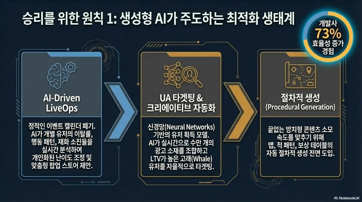 원칙 1 생성형 AI가 주도하는 최적화 생태계. AI-Driven LiveOps — 정적인 이벤트 캘린더를 폐기하고 AI가 개별 유저의 이탈률·행동 패턴·재화 소진율을 실시간 분석해 개인화된 난이도 조정 및 맞춤형 팝업 스토어 제안. UA 타겟팅 & 크리에이티브 자동화 — 신경망 기반의 유저 획득 모델로 AI가 실시간으로 수만 개의 광고 소재를 조합하고 LTV가 높은 유저를 자율적으로 타겟팅. 절차적 생성 — 끝없는 방치형 콘텐츠 소모 속도를 맞추기 위해 맵·적 패턴·보상 테이블의 자동 절차적 생성 전면 도입. 오른쪽 위에 개발사 73%가 효율성 증가를 경험했다는 원형 지표