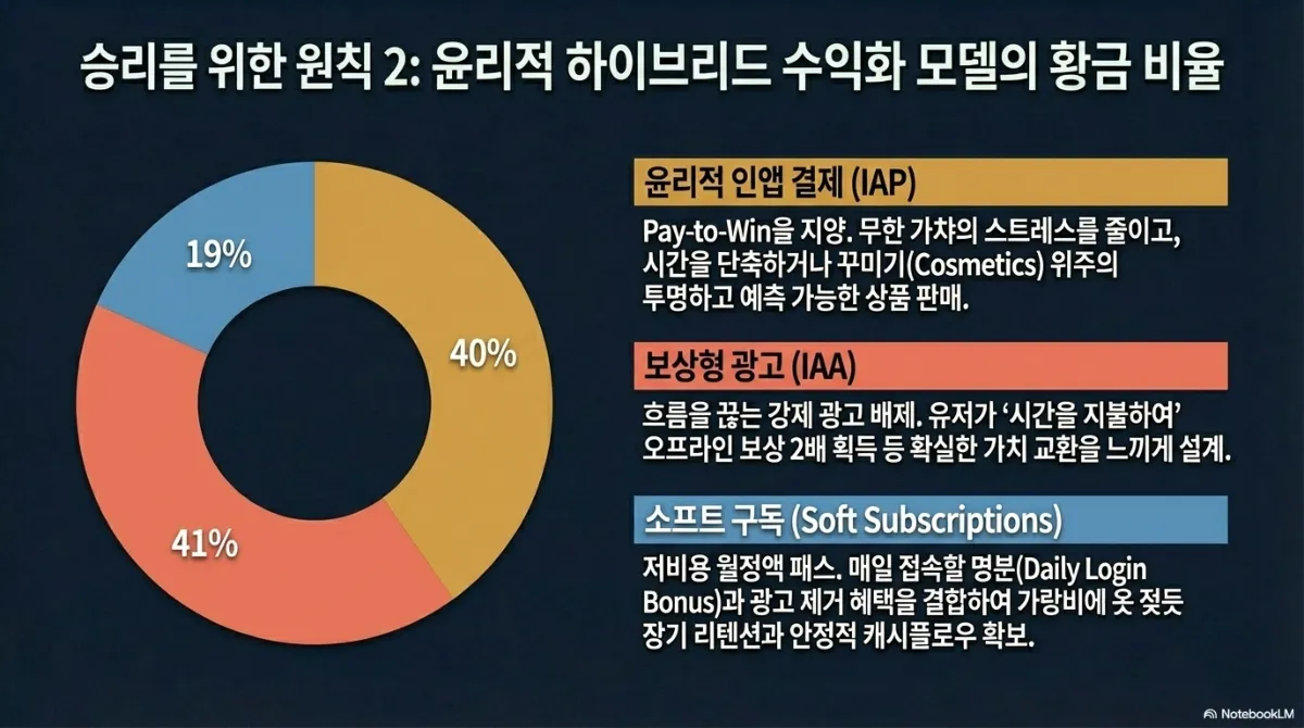 원칙 2 윤리적 하이브리드 수익화 모델의 황금 비율. 도넛 차트에 윤리적 인앱 결제(IAP) 40%, 보상형 광고(IAA) 41%, 소프트 구독(Soft Subscriptions) 19%. 윤리적 IAP는 Pay-to-Win을 지양하고 무한 가챠의 스트레스를 줄이며 시간을 단축하거나 꾸미기 위주의 투명하고 예측 가능한 상품 판매. 보상형 광고는 흐름을 끊는 강제 광고를 배제하고 유저가 시간을 지불하여 오프라인 보상 2배 획득 등 확실한 가치 교환을 느끼게 설계. 소프트 구독은 저비용 월정액 패스로 매일 접속할 명분과 광고 제거 혜택을 결합해 장기 리텐션과 안정적 캐시플로우 확보