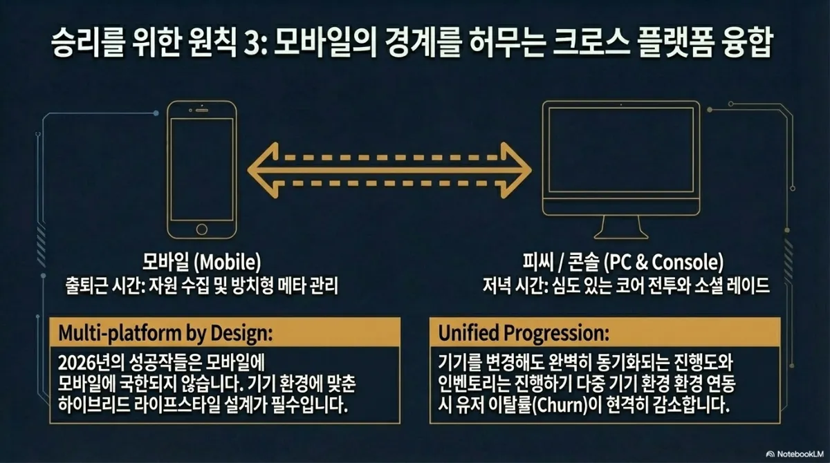 원칙 3 모바일의 경계를 허무는 크로스 플랫폼 융합. 모바일은 출퇴근 시간에 자원 수집 및 방치형 메타 관리, PC·콘솔은 저녁 시간에 심도 있는 코어 전투와 소셜 레이드를 담당. Multi-platform by Design — 2026년의 성공작들은 모바일에 국한되지 않으며 기기 환경에 맞춘 하이브리드 라이프스타일 설계가 필수. Unified Progression — 기기를 변경해도 완벽히 동기화되는 진행도와 인벤토리를 제공하면 유저 이탈률이 현격히 감소