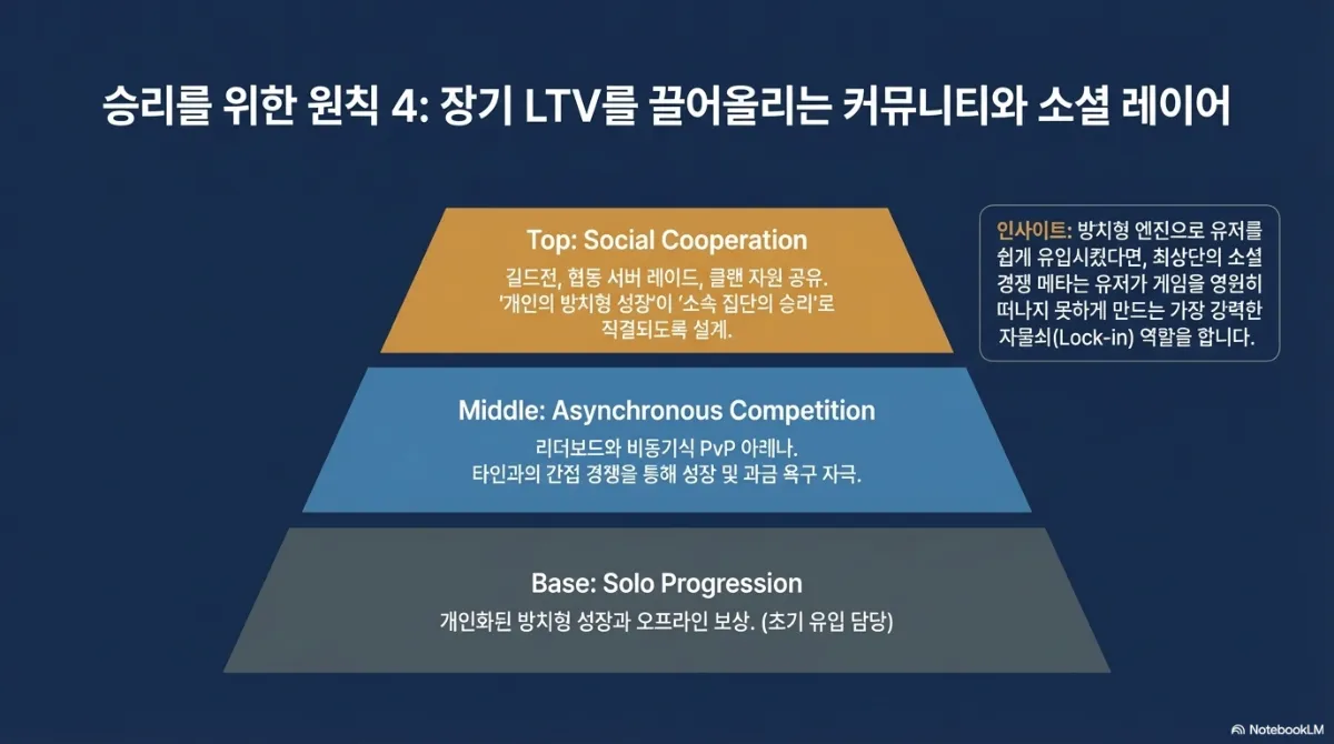 원칙 4 장기 LTV를 끌어올리는 커뮤니티와 소셜 레이어 피라미드. Base는 Solo Progression — 개인화된 방치형 성장과 오프라인 보상으로 초기 유입 담당. Middle은 Asynchronous Competition — 리더보드와 비동기식 PvP 아레나로 타인과의 간접 경쟁을 통해 성장 및 과금 욕구 자극. Top은 Social Cooperation — 길드전, 협동 서버 레이드, 클랜 자원 공유로 개인의 방치형 성장이 소속 집단의 승리로 직결되도록 설계. 오른쪽 인사이트는 방치형 엔진으로 유저를 쉽게 유입시켰다면 최상단의 소셜 경쟁 메타가 유저를 붙잡아 두는 가장 강력한 자물쇠 역할을 한다는 것