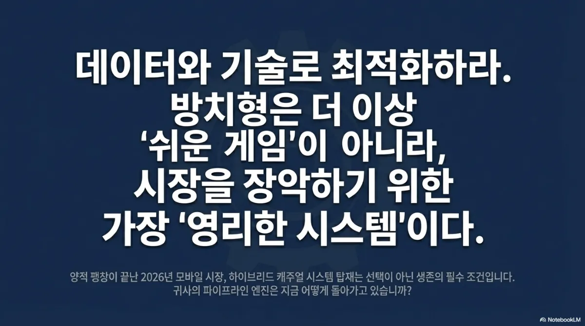 마무리 슬라이드. 데이터와 기술로 최적화하라, 방치형은 더 이상 쉬운 게임이 아니라 시장을 장악하기 위한 가장 영리한 시스템이라는 문구. 아래에 양적 팽창이 끝난 2026년 모바일 시장에서 하이브리드 캐주얼 시스템 탑재는 선택이 아닌 생존의 필수 조건이라는 문장
