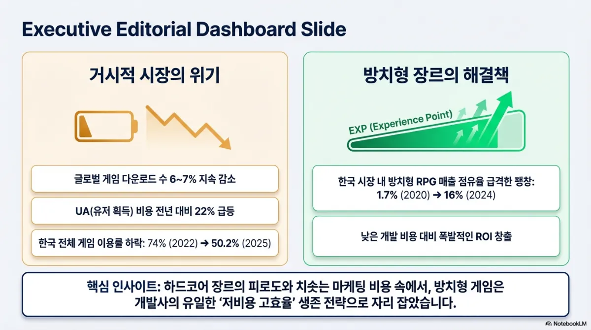 거시적 시장의 위기와 방치형 장르의 해결책 비교 슬라이드. 위기 쪽은 글로벌 게임 다운로드 수 6~7% 지속 감소, UA(유저 획득) 비용 전년 대비 22% 급등, 한국 전체 게임 이용률이 2022년 74%에서 2025년 50.2%로 하락. 해결책 쪽은 한국 시장 내 방치형 RPG 매출 점유율이 2020년 1.7%에서 2024년 16%로 팽창, 낮은 개발 비용 대비 높은 ROI 창출. 핵심 인사이트는 하드코어 장르의 피로도와 치솟는 마케팅 비용 속에서 방치형 게임이 개발사의 저비용 고효율 생존 전략으로 자리 잡았다는 것