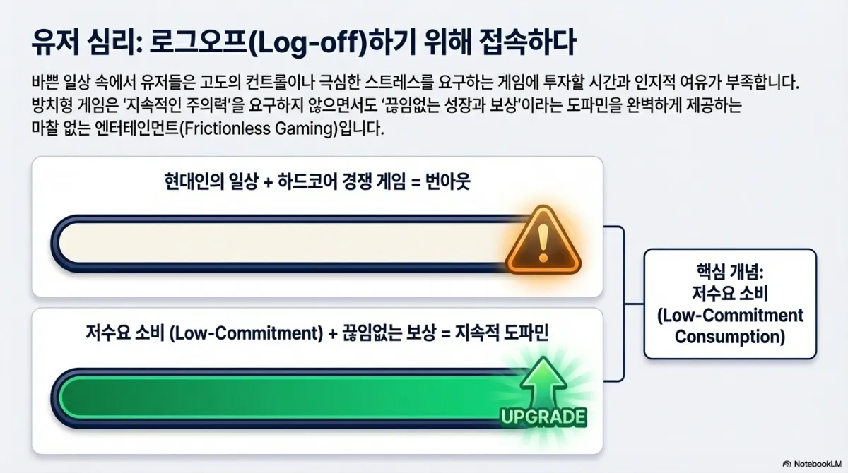 유저 심리 슬라이드. 로그오프하기 위해 접속한다는 제목과 함께, 바쁜 일상 속에서 유저들은 고도의 컨트롤이나 극심한 스트레스를 요구하는 게임에 투자할 시간과 인지적 여유가 부족하며, 방치형 게임은 지속적인 주의력을 요구하지 않으면서도 끊임없는 성장과 보상을 제공하는 마찰 없는 엔터테인먼트라는 설명. 현대인의 일상 + 하드코어 경쟁 게임 = 번아웃, 저수요 소비(Low-Commitment) + 끊임없는 보상 = 지속적 도파민이라는 두 막대 비교