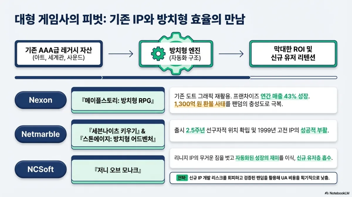 대형 게임사의 피벗 도식. 기존 AAA급 레거시 자산(아트, 세계관, 사운드) → 방치형 엔진(자동화 구조) → 높은 ROI 및 신규 유저 리텐션으로 이어지는 흐름. 사례로 넥슨의 메이플스토리 방치형 RPG는 기존 도트 그래픽을 재활용해 프랜차이즈 연간 매출 43% 성장을 기록하고 1,300억 원 규모 환불 사태를 팬덤의 충성도로 극복했다는 설명, 넷마블의 세븐나이츠 키우기와 스톤에이지 방치형 어드벤처는 출시 2.5주년으로 선구자적 위치를 확립하고 1999년 고전 IP를 부활시켰다는 설명, NCSoft의 저니 오브 모나크는 리니지 IP의 무거운 짐을 벗고 자동화된 성장의 재미를 이식해 신규 유저층을 흡수했다는 설명. 전략 요약은 신규 IP 개발 리스크를 회피하고 검증된 팬덤을 활용해 UA 비용을 낮춘다는 것