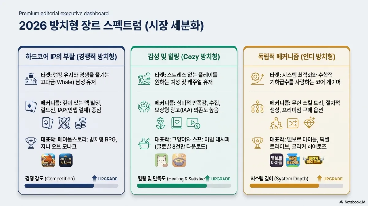 2026 방치형 장르 스펙트럼 슬라이드. 하드코어 IP의 부활(경쟁적 방치형) — 타겟은 랭킹 유지와 경쟁을 즐기는 고과금 남성 유저, 메커니즘은 깊이 있는 덱 빌딩·길드전·인앱 결제 중심, 대표작은 메이플스토리 방치형 RPG와 저니 오브 모나크. 감성 및 힐링(Cozy 방치형) — 타겟은 스트레스 없는 플레이를 원하는 여성 및 캐주얼 유저, 메커니즘은 심미적 만족감·수집·보상형 광고 의존도 높음, 대표작은 고양이와 스프 마법 레시피(글로벌 8천만 다운로드). 독립적 메커니즘(인디 방치형) — 타겟은 시스템 최적화와 수학적 기하급수를 사랑하는 코어 게이머, 메커니즘은 무한 스킬 트리·절차적 생성·프리미엄 구매 옵션, 대표작은 멜보르 아이들·픽셀 트라이브·클리커 히어로즈