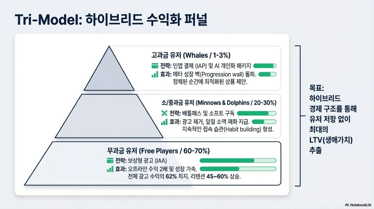 Tri-Model 하이브리드 수익화 퍼널 피라미드. 고과금 유저(Whales, 13%) — 전략은 인앱 결제 및 AI 개인화 패키지, 효과는 메타 성장 벽 돌파로 정체된 순간에 최적화된 상품 제안. 소·중과금 유저(Minnows & Dolphins, 2030%) — 전략은 배틀패스 및 소프트 구독, 효과는 광고 제거와 일일 소액 재화 지급으로 지속적인 접속 습관 형성. 무과금 유저(Free Players, 6070%) — 전략은 보상형 광고(IAA), 효과는 오프라인 수익 2배 및 성장 가속이며 전체 광고 수익의 62%를 차지하고 리텐션이 4560% 상승. 목표는 하이브리드 경제 구조를 통해 유저 저항 없이 최대의 생애가치(LTV)를 추출하는 것