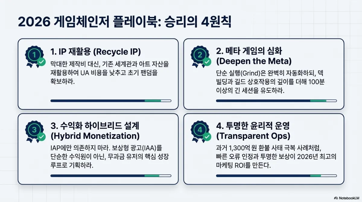 2026 게임체인저 플레이북 승리의 4원칙. 1 IP 재활용 — 막대한 제작비 대신 기존 세계관과 아트 자산을 재활용해 UA 비용을 낮추고 초기 팬덤을 확보하라. 2 메타 게임의 심화 — 단순 실행은 완벽히 자동화하되 덱 빌딩과 길드 상호작용의 깊이를 더해 100분 이상의 긴 세션을 유도하라. 3 수익화 하이브리드 설계 — 인앱 결제에만 의존하지 말고 보상형 광고를 단순한 수익원이 아닌 무과금 유저의 핵심 성장 루프로 기획하라. 4 투명한 윤리적 운영 — 빠른 오류 인정과 투명한 보상이 최고의 마케팅 ROI를 만든다