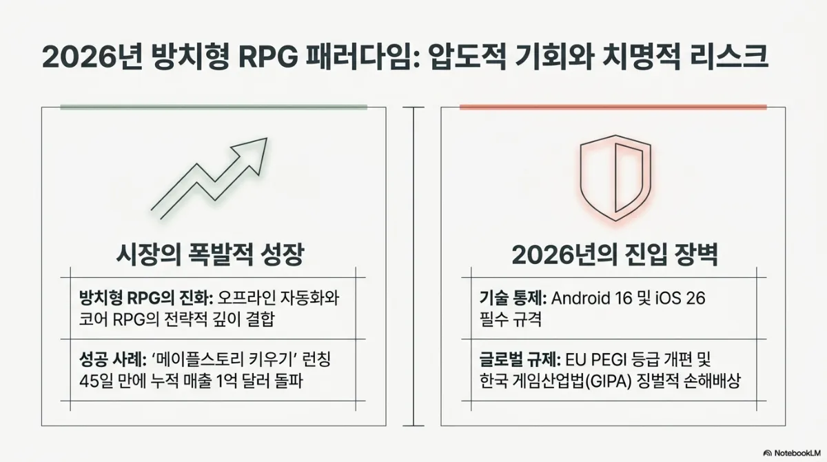 2026년 방치형 RPG 패러다임: 압도적 기회와 치명적 리스크 슬라이드. 왼쪽 시장의 폭발적 성장 — 방치형 RPG의 진화는 오프라인 자동화와 코어 RPG의 전략적 깊이의 결합, 성공 사례로 메이플스토리 키우기가 런칭 45일 만에 누적 매출 1억 달러를 돌파. 오른쪽 2026년의 진입 장벽 — 기술 통제로 Android 16 및 iOS 26 필수 규격, 글로벌 규제로 EU PEGI 등급 개편 및 한국 게임산업법(GIPA) 징벌적 손해배상. 상승 화살표와 방패 아이콘으로 대비