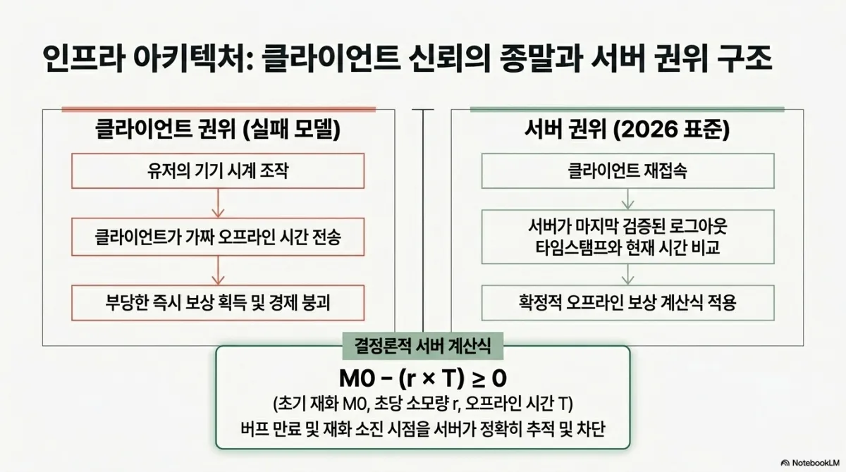 인프라 아키텍처: 클라이언트 신뢰의 종말과 서버 권위 구조 슬라이드. 왼쪽 클라이언트 권위(실패 모델)는 유저의 기기 시계 조작 → 클라이언트가 가짜 오프라인 시간 전송 → 부당한 즉시 보상 획득 및 경제 붕괴로 이어지는 흐름. 오른쪽 서버 권위(2026 표준)는 클라이언트 재접속 → 서버가 마지막 검증된 로그아웃 타임스탬프와 현재 시간 비교 → 확정적 오프라인 보상 계산식 적용. 아래 결정론적 서버 계산식 M0 − (r × T) ≥ 0 (초기 재화 M0, 초당 소모량 r, 오프라인 시간 T)으로 버프 만료 및 재화 소진 시점을 서버가 정확히 추적 및 차단