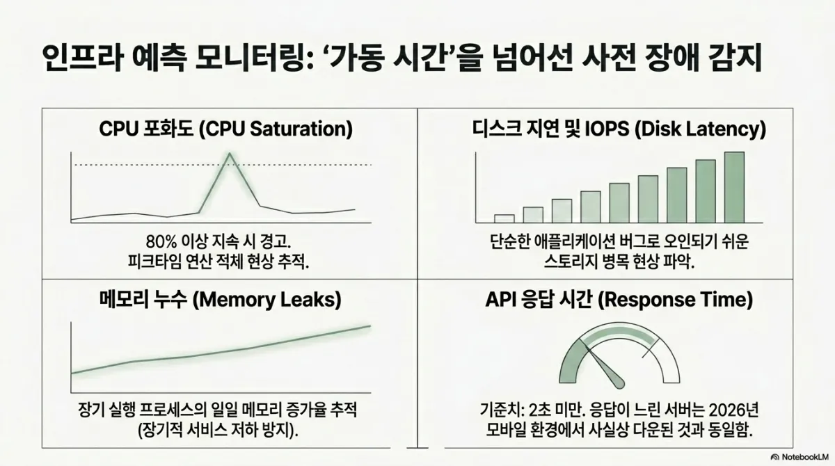 인프라 예측 모니터링: 가동 시간을 넘어선 사전 장애 감지 슬라이드. CPU 포화도는 80% 이상 지속 시 경고하고 피크타임 연산 적체 현상을 추적(급격한 스파이크 그래프). 디스크 지연 및 IOPS는 단순한 애플리케이션 버그로 오인되기 쉬운 스토리지 병목 현상 파악(점점 높아지는 막대그래프). 메모리 누수는 장기 실행 프로세스의 일일 메모리 증가율을 추적해 장기적 서비스 저하 방지(완만한 우상향 선). API 응답 시간은 기준치 2초 미만이며 응답이 느린 서버는 2026년 모바일 환경에서 사실상 다운된 것과 동일(게이지)
