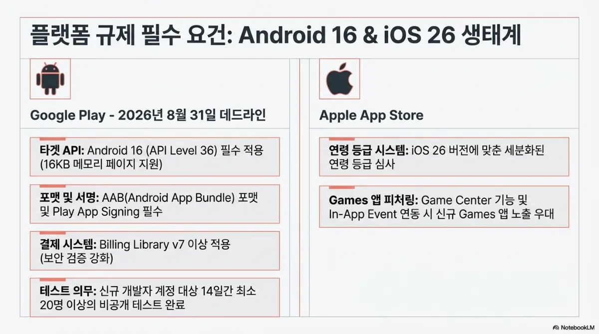 플랫폼 규제 필수 요건: Android 16 & iOS 26 생태계 슬라이드. Google Play는 2026년 8월 31일 데드라인 — 타깃 API는 Android 16(API Level 36) 필수 적용(16KB 메모리 페이지 지원), 포맷 및 서명은 AAB(Android App Bundle) 포맷 및 Play App Signing 필수, 결제 시스템은 Billing Library v7 이상 적용(보안 검증 강화), 테스트 의무는 신규 개발자 계정 대상 14일간 최소 20명 이상의 비공개 테스트 완료. Apple App Store는 연령 등급 시스템으로 iOS 26 버전에 맞춘 세분화된 연령 등급 심사, Games 앱 피처링으로 Game Center 기능 및 In-App Event 연동 시 신규 Games 앱 노출 우대