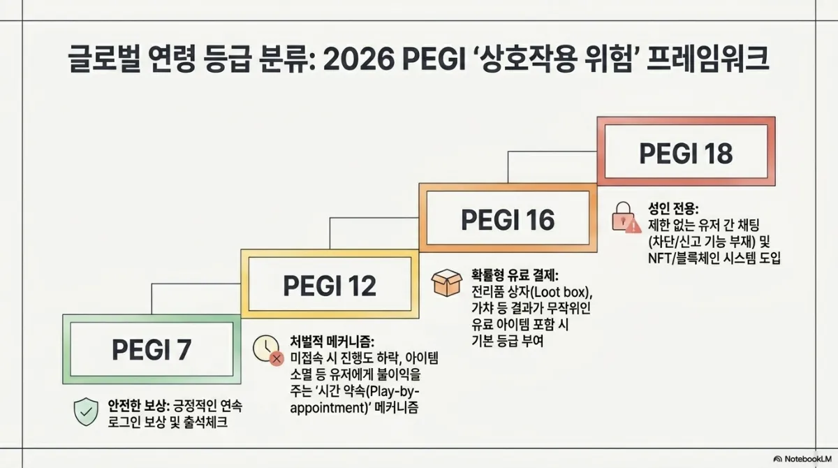 글로벌 연령 등급 분류: 2026 PEGI 상호작용 위험 프레임워크 계단 도식. PEGI 7은 안전한 보상으로 긍정적인 연속 로그인 보상 및 출석체크. PEGI 12는 처벌적 메커니즘으로 미접속 시 진행도 하락, 아이템 소멸 등 유저에게 불이익을 주는 시간 약속(Play-by-appointment) 메커니즘. PEGI 16은 확률형 유료 결제로 전리품 상자(Loot box), 가챠 등 결과가 무작위인 유료 아이템 포함 시 기본 등급 부여. PEGI 18은 성인 전용으로 제한 없는 유저 간 채팅(차단/신고 기능 부재) 및 NFT/블록체인 시스템 도입