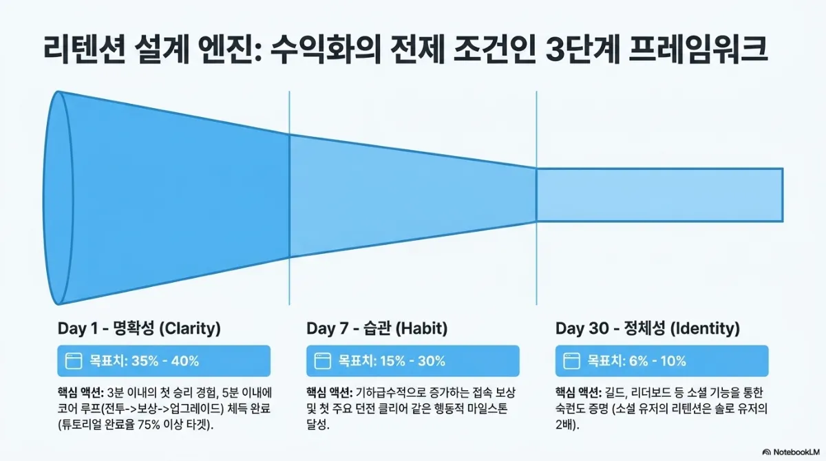 리텐션 설계 엔진: 수익화의 전제 조건인 3단계 프레임워크. 좁아지는 깔때기 도식. Day 1 명확성(Clarity) 목표치 3540% — 3분 이내의 첫 승리 경험, 5분 이내에 코어 루프(전투→보상→업그레이드) 체득 완료(튜토리얼 완료율 75% 이상 타깃). Day 7 습관(Habit) 목표치 1530% — 기하급수적으로 증가하는 접속 보상 및 첫 주요 던전 클리어 같은 행동적 마일스톤 달성. Day 30 정체성(Identity) 목표치 6~10% — 길드, 리더보드 등 소셜 기능을 통한 숙련도 증명(소셜 유저의 리텐션은 솔로 유저의 2배)