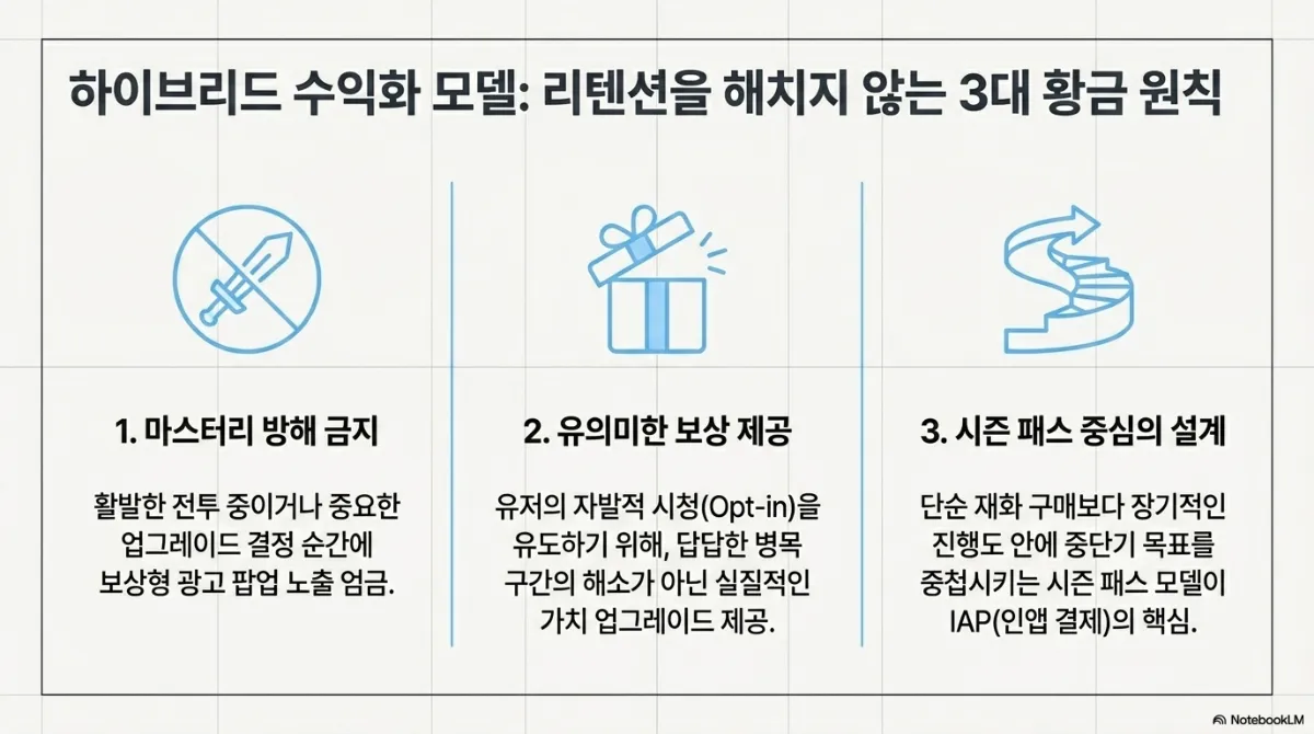 하이브리드 수익화 모델: 리텐션을 해치지 않는 3대 황금 원칙. 1 마스터리 방해 금지 — 활발한 전투 중이거나 중요한 업그레이드 결정 순간에 보상형 광고 팝업 노출 엄금. 2 유의미한 보상 제공 — 유저의 자발적 시청(Opt-in)을 유도하기 위해 답답한 병목 구간의 해소가 아닌 실질적인 가치 업그레이드 제공. 3 시즌 패스 중심의 설계 — 단순 재화 구매보다 장기적인 진행도 안에 중단기 목표를 중첩시키는 시즌 패스 모델이 IAP(인앱 결제)의 핵심