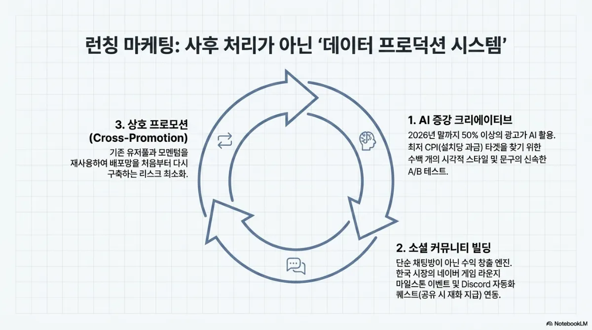 런칭 마케팅: 사후 처리가 아닌 데이터 프로덕션 시스템 순환 도식. 1 AI 증강 크리에이티브 — 2026년 말까지 50% 이상의 광고가 AI 활용, 최저 CPI(설치당 과금) 타깃을 찾기 위한 수백 개의 시각적 스타일 및 문구의 신속한 A/B 테스트. 2 소셜 커뮤니티 빌딩 — 단순 채팅방이 아닌 수익 창출 엔진, 한국 시장의 네이버 게임 라운지 마일스톤 이벤트 및 Discord 자동화 퀘스트(공유 시 재화 지급) 연동. 3 상호 프로모션(Cross-Promotion) — 기존 유저풀과 모멘텀을 재사용하여 배포망을 처음부터 다시 구축하는 리스크 최소화