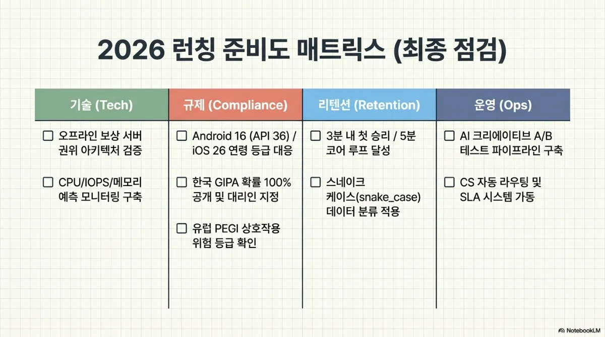 2026 런칭 준비도 매트릭스(최종 점검) 체크리스트. 기술(Tech) — 오프라인 보상 서버 권위 아키텍처 검증, CPU/IOPS/메모리 예측 모니터링 구축. 규제(Compliance) — Android 16(API 36) / iOS 26 연령 등급 대응, 한국 GIPA 확률 100% 공개 및 대리인 지정, 유럽 PEGI 상호작용 위험 등급 확인. 리텐션(Retention) — 3분 내 첫 승리 / 5분 코어 루프 달성, 스네이크 케이스(snake_case) 데이터 분류 적용. 운영(Ops) — AI 크리에이티브 A/B 테스트 파이프라인 구축, CS 자동 라우팅 및 SLA 시스템 가동