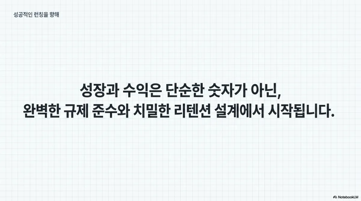 마무리 슬라이드. 성공적인 런칭을 향해 — 성장과 수익은 단순한 숫자가 아닌, 완벽한 규제 준수와 치밀한 리텐션 설계에서 시작된다는 결론