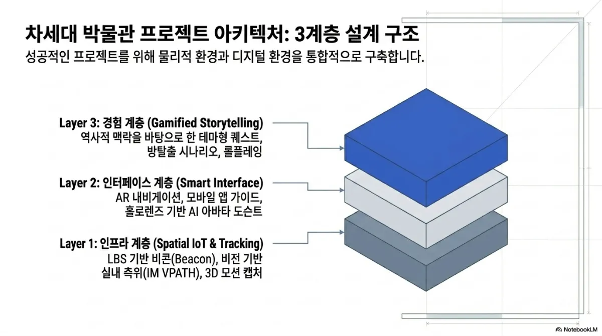 차세대 박물관 프로젝트 아키텍처 3계층 설계 구조 도식. 성공적인 프로젝트를 위해 물리적 환경과 디지털 환경을 통합적으로 구축한다는 설명. Layer 3 경험 계층(Gamified Storytelling) — 역사적 맥락을 바탕으로 한 테마형 퀘스트, 방탈출 시나리오, 롤플레잉. Layer 2 인터페이스 계층(Smart Interface) — AR 내비게이션, 모바일 앱 가이드, 홀로렌즈 기반 AI 아바타 도슨트. Layer 1 인프라 계층(Spatial IoT & Tracking) — LBS 기반 비콘(Beacon), 비전 기반 실내 측위(IM VPATH), 3D 모션 캡처. 세 개의 판이 위로 쌓인 그림