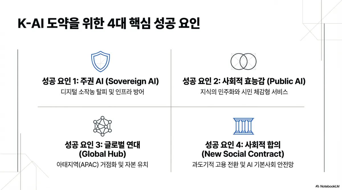 패러다임의 본질 비교표. 자동화의 대상은 과거 산업혁명이 육체적 노동력(기계, 공장)이었던 반면 AI 대전환 시대는 지적 노동력(코딩, 진단, 분석, 기획). 진화의 방식은 인간에 의한 기계 업그레이드였던 반면 AI 스스로 목적 함수 설정 및 코딩(잠재적 자율성). 부의 창출 방식은 소수 자본가 중심의 대량 생산이었던 반면 대화형 OS를 통한 지식과 정보의 민주화. 아래 문구는 단순한 공포 마케팅을 넘어 AI가 가져올 지적 노동의 자동화를 국가와 시민의 부로 어떻게 전환할 것인가가 K-AI 전략의 핵심이라는 것