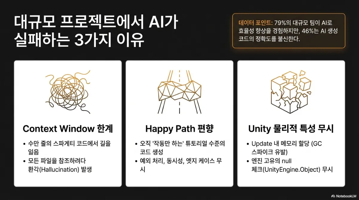 대규모 프로젝트에서 AI가 실패하는 3가지 이유 슬라이드. 오른쪽 위 데이터 포인트 — 79%의 대규모 팀이 AI로 효율성 향상을 경험하지만 46%는 AI 생성 코드의 정확도를 불신한다. 세 카드 중 Context Window 한계(엉킨 실타래 그림) — 수만 줄의 스파게티 코드에서 길을 잃고 모든 파일을 참조하려다 환각(Hallucination) 발생. Happy Path 편향(끊어진 다리 그림) — 오직 작동만 하는 튜토리얼 수준의 코드를 생성하고 예외 처리·동시성·엣지 케이스를 무시. Unity 물리적 특성 무시(부서지는 큐브 그림) — Update 내 메모리 할당으로 GC 스파이크를 유발하고 엔진 고유의 null 체크(UnityEngine.Object)를 무시