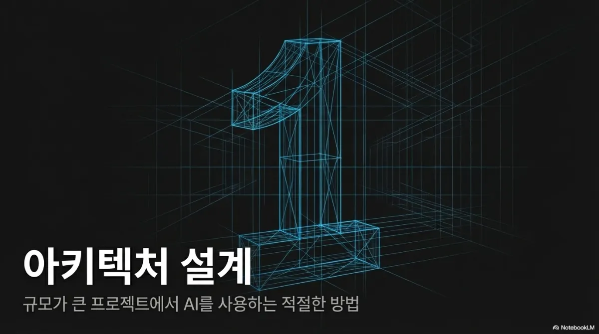 섹션 표지 슬라이드. 청록색 와이어프레임으로 그린 숫자 1 과 함께 아키텍처 설계 — 규모가 큰 프로젝트에서 AI를 사용하는 적절한 방법