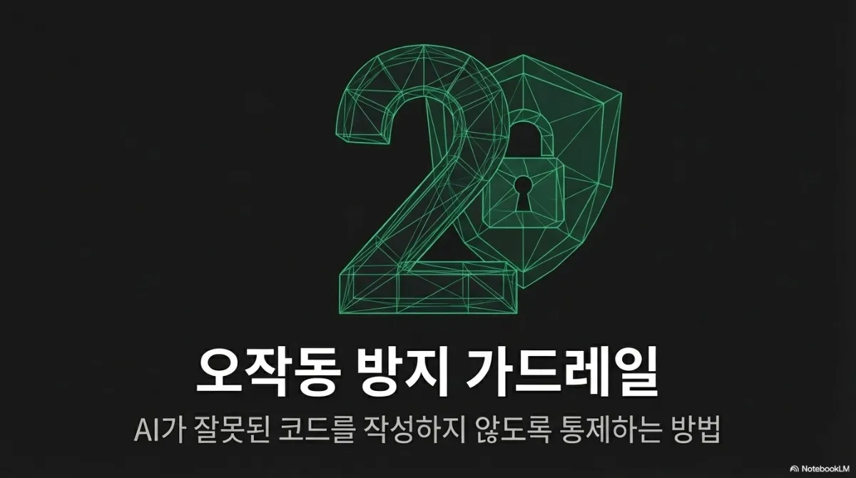 섹션 표지 슬라이드. 초록색 와이어프레임 숫자 2 와 자물쇠가 달린 방패 그림, 오작동 방지 가드레일 — AI가 잘못된 코드를 작성하지 않도록 통제하는 방법