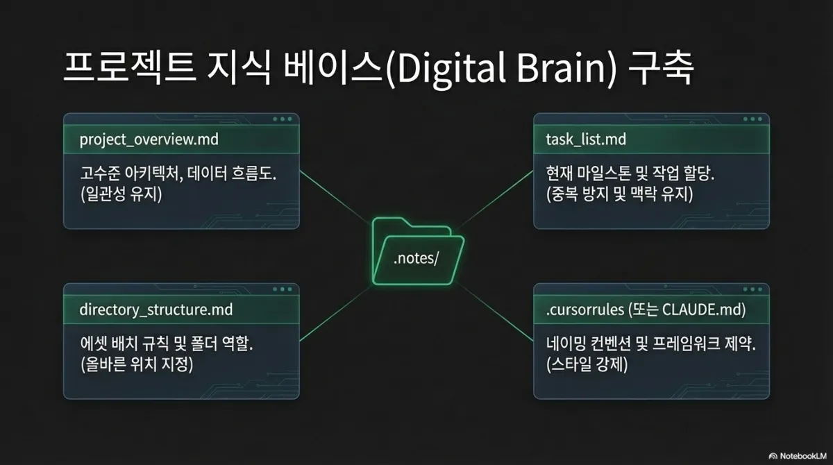 프로젝트 지식 베이스(Digital Brain) 구축 슬라이드. 가운데 .notes/ 폴더를 중심으로 project_overview.md — 고수준 아키텍처, 데이터 흐름도(일관성 유지), task_list.md — 현재 마일스톤 및 작업 할당(중복 방지 및 맥락 유지), directory_structure.md — 에셋 배치 규칙 및 폴더 역할(올바른 위치 지정), .cursorrules(또는 CLAUDE.md) — 네이밍 컨벤션 및 프레임워크 제약(스타일 강제) 네 문서가 연결된 그림