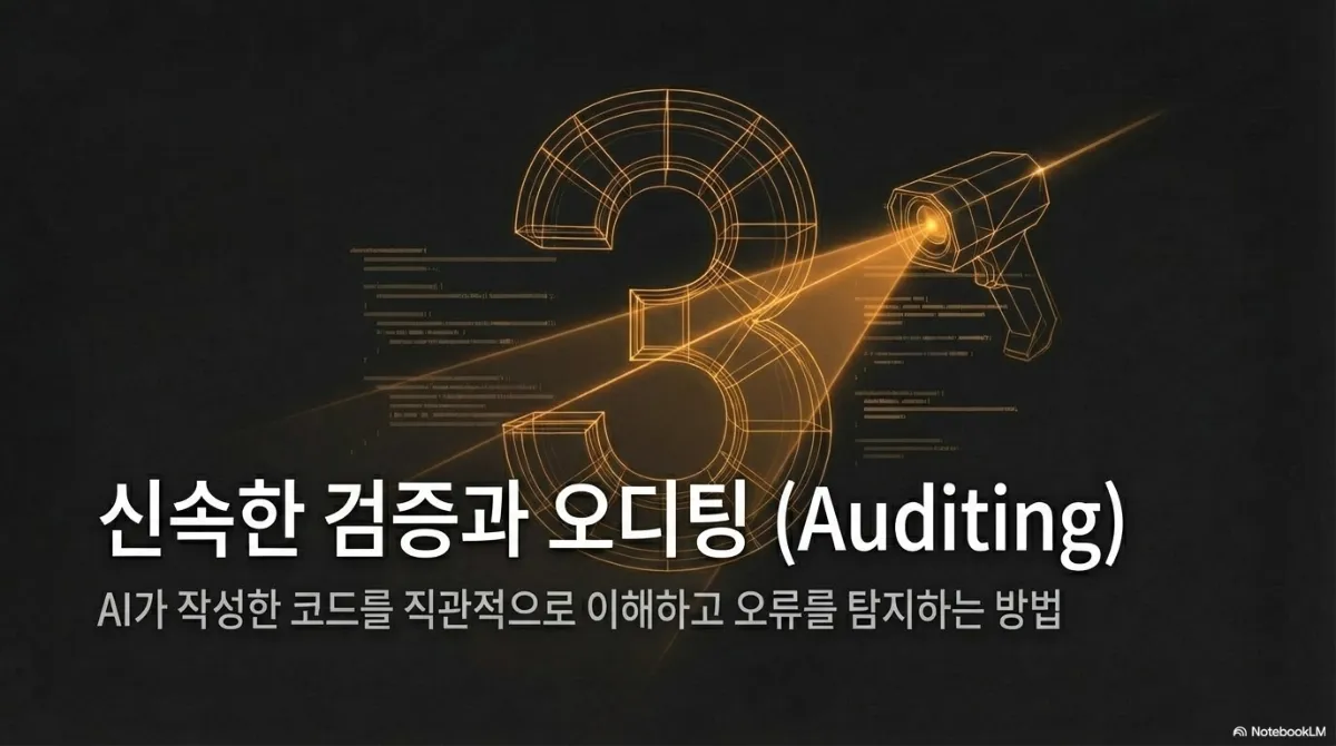 섹션 표지 슬라이드. 주황색 와이어프레임 숫자 3 에 스캐너 빛이 비치는 그림, 신속한 검증과 오디팅(Auditing) — AI가 작성한 코드를 직관적으로 이해하고 오류를 탐지하는 방법